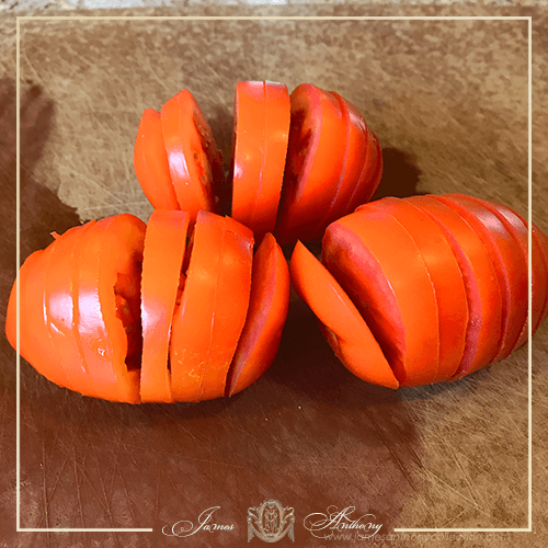 Hasselback Tomato Caprese Recipe with Ancient Olive Trees Balsamic Vinegar & Olive Oil | James Anthony Collection