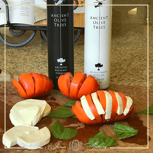 Hasselback Tomato Caprese Recipe with Ancient Olive Trees Balsamic Vinegar & Olive Oil | James Anthony Collection